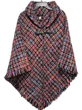 Marc New York Tweed Poncho Cape Multicolor Fringe Toggle One Size
